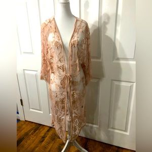 Women’s lace long cardigan size Large. Pinkish beige color.